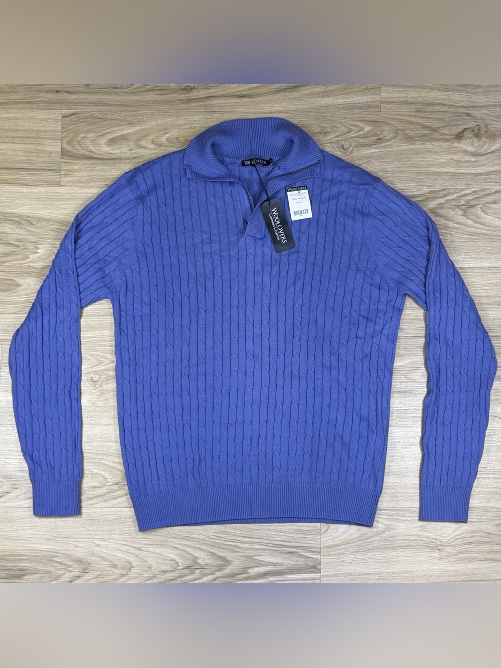 WoolOvers Cotton Cashmere Cable Knit Quarter Zip Sweater Alpine Blue Classic Men